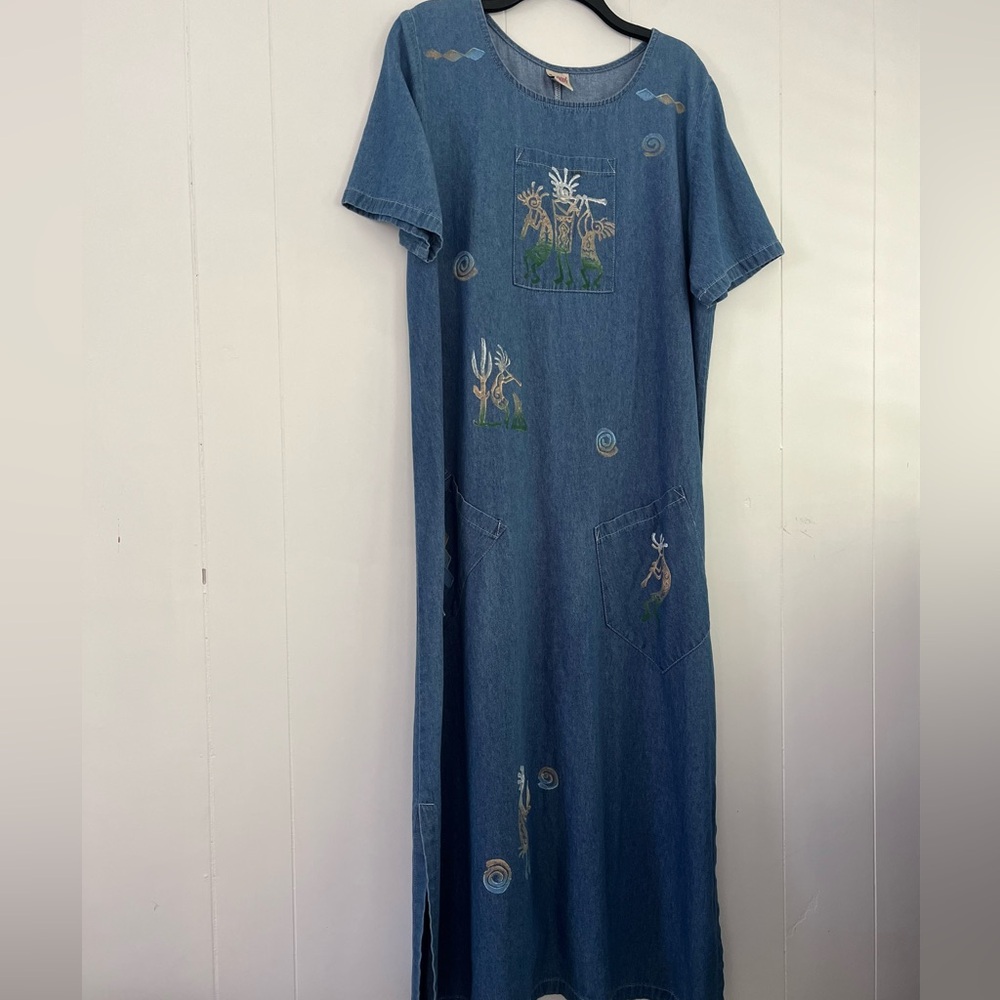 Cactus California Vintage Denim Dress Hand- Painted Kokopelli & Cactus Sz Large - Picture 2 of 16